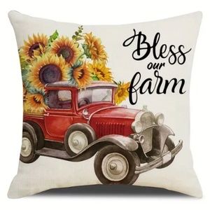 NEW SUNFLOWER FARMHOUSE "BLESS OUR FARM" DECORATIVE LINEN PILLOW COVER 17.7"